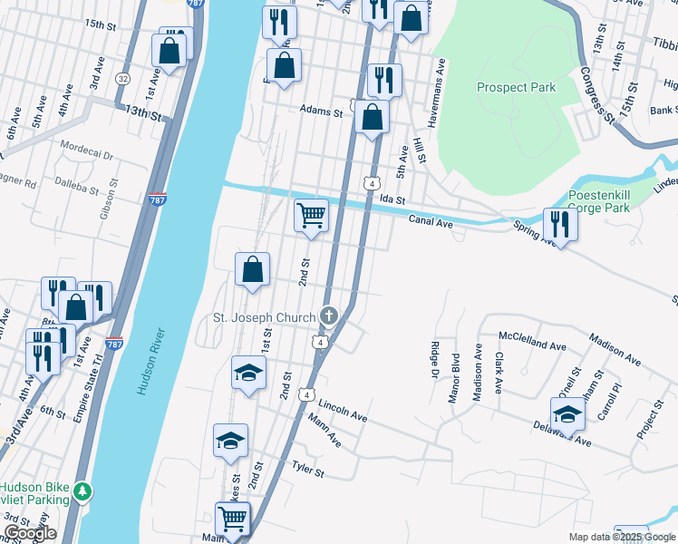 map of restaurants, bars, coffee shops, grocery stores, and more near 389 3rd Street in Troy