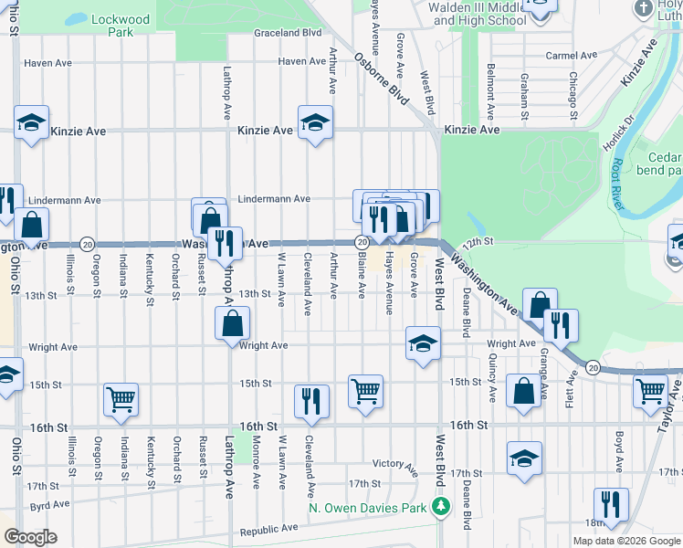 map of restaurants, bars, coffee shops, grocery stores, and more near 3412 13th Street in Racine