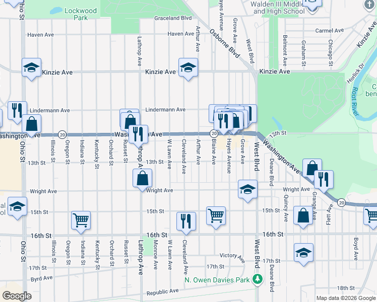 map of restaurants, bars, coffee shops, grocery stores, and more near 3520 13th Street in Racine