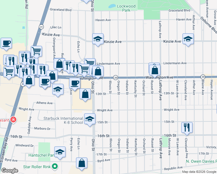map of restaurants, bars, coffee shops, grocery stores, and more near 1254 Illinois Street in Racine
