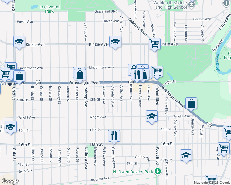 map of restaurants, bars, coffee shops, grocery stores, and more near 3520 13th Street in Racine