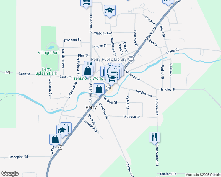 map of restaurants, bars, coffee shops, grocery stores, and more near 52 North Main Street in Perry