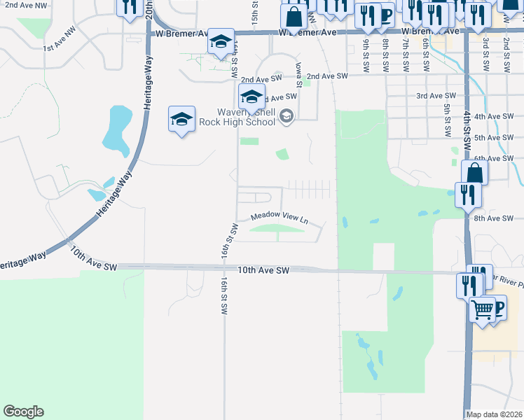 map of restaurants, bars, coffee shops, grocery stores, and more near 1503 Meadowview Lane in Waverly
