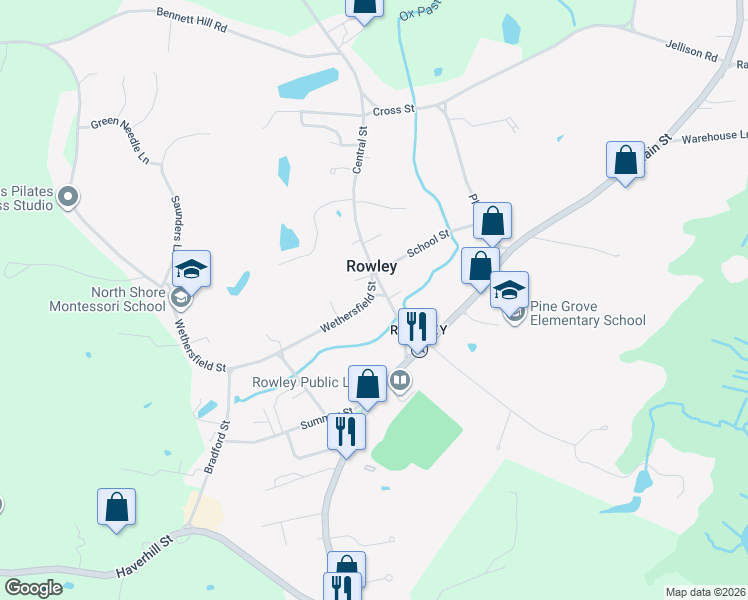 map of restaurants, bars, coffee shops, grocery stores, and more near 16 Wethersfield Street in Rowley