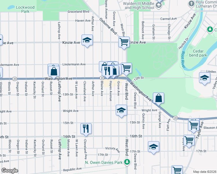 map of restaurants, bars, coffee shops, grocery stores, and more near 1254 Hayes Avenue in Racine