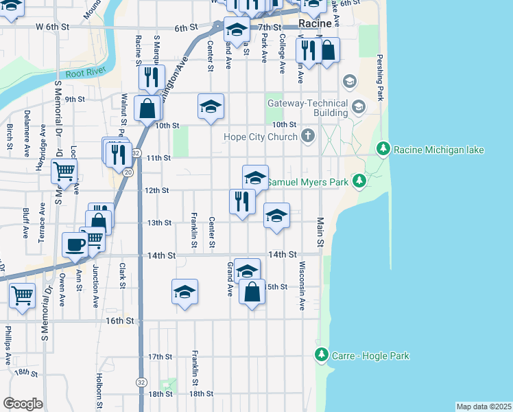 map of restaurants, bars, coffee shops, grocery stores, and more near 1200 Park Avenue in Racine
