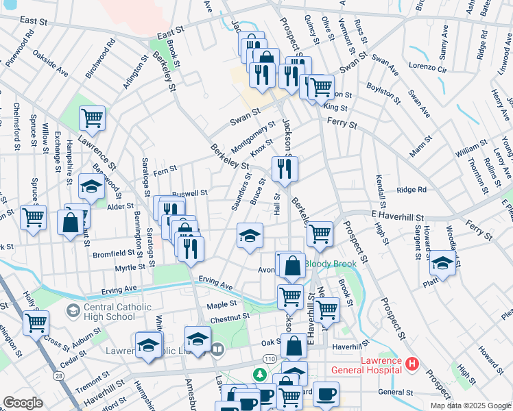 map of restaurants, bars, coffee shops, grocery stores, and more near 229 Bruce Street in Lawrence