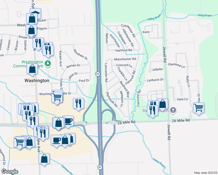 map of restaurants, bars, coffee shops, grocery stores, and more near 11041 Milford Lane in Washington