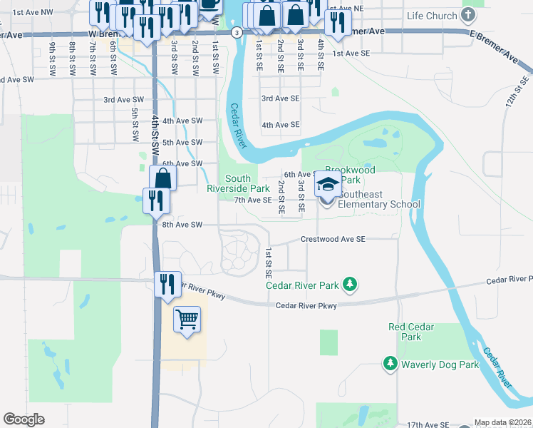 map of restaurants, bars, coffee shops, grocery stores, and more near 109 7th Avenue Southeast in Waverly