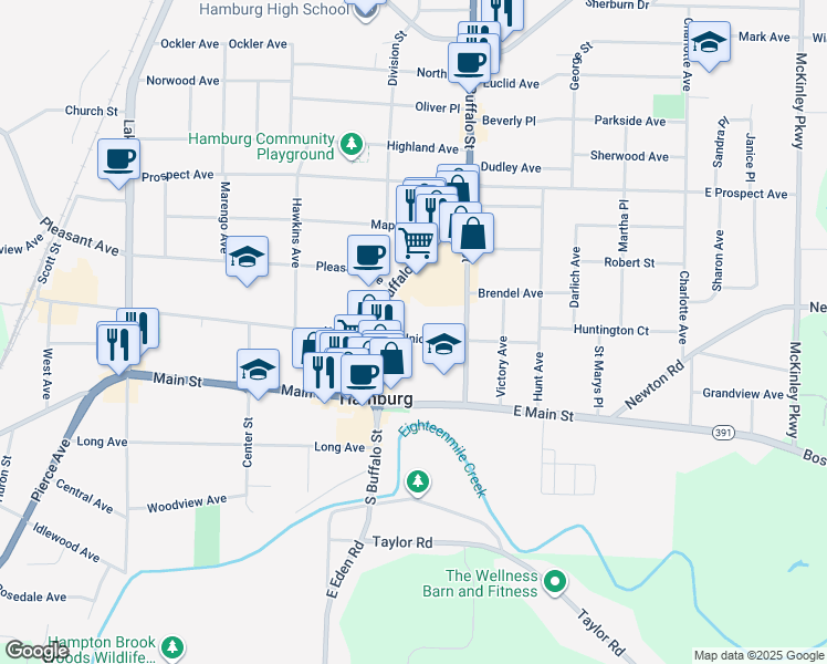 map of restaurants, bars, coffee shops, grocery stores, and more near 32 East Union Street in Hamburg
