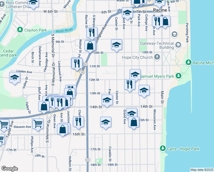 map of restaurants, bars, coffee shops, grocery stores, and more near 900 12th Street in Racine