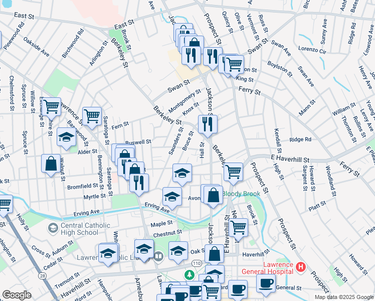 map of restaurants, bars, coffee shops, grocery stores, and more near 229 Bruce Street in Lawrence