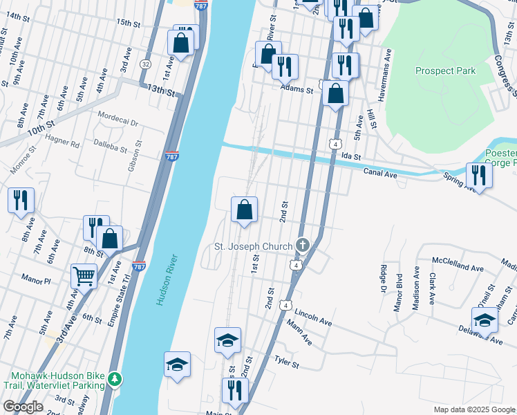 map of restaurants, bars, coffee shops, grocery stores, and more near 7 Madison Street in Troy