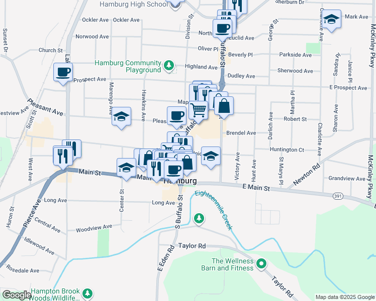 map of restaurants, bars, coffee shops, grocery stores, and more near 76 Buffalo Street in Hamburg