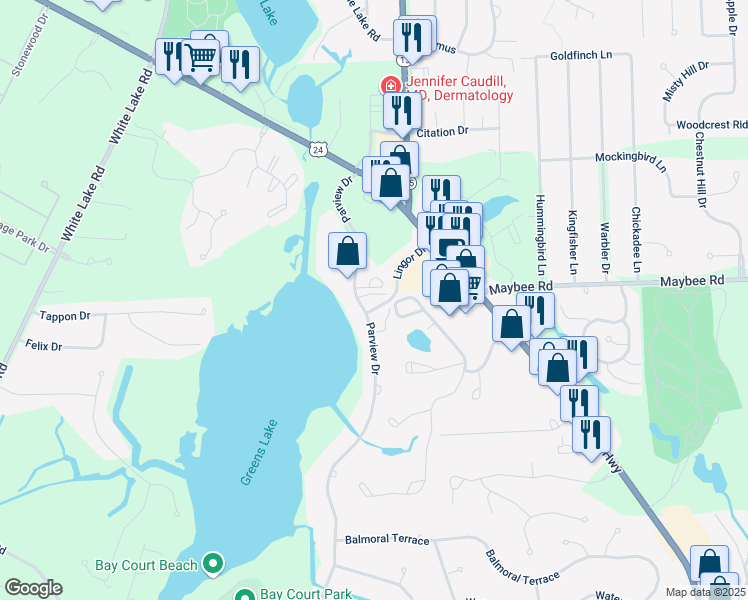 map of restaurants, bars, coffee shops, grocery stores, and more near 5480 Parview Drive in Clarkston
