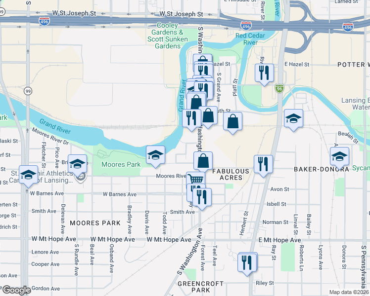 map of restaurants, bars, coffee shops, grocery stores, and more near 124 Island Avenue in Lansing
