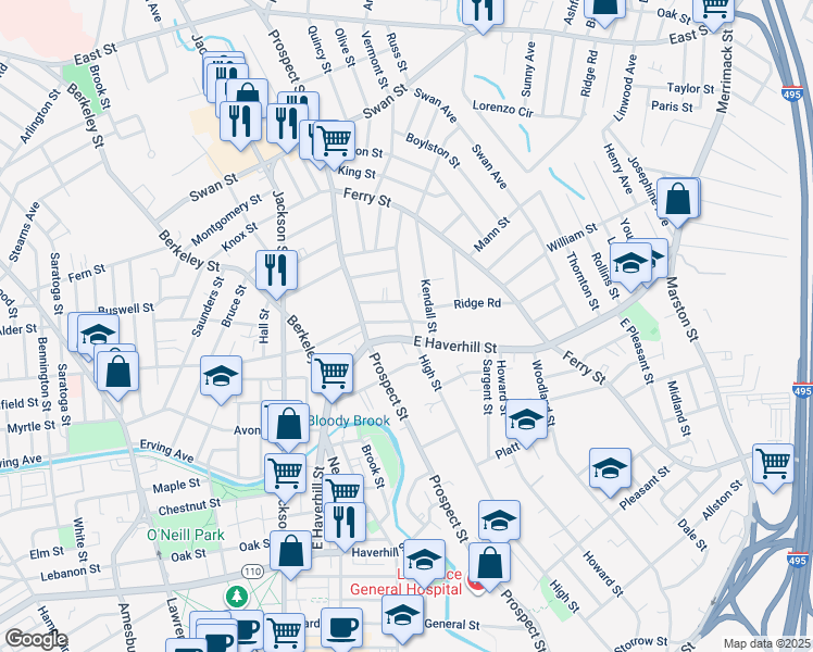 map of restaurants, bars, coffee shops, grocery stores, and more near 17 Canton Street in Lawrence