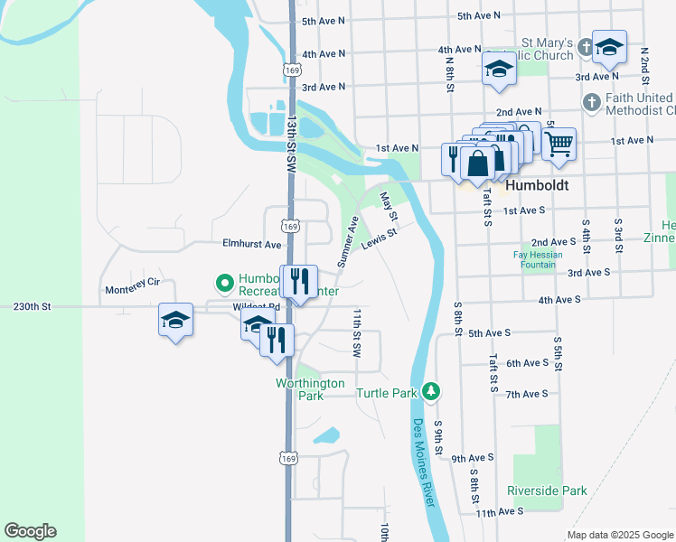 map of restaurants, bars, coffee shops, grocery stores, and more near Lewis St in Humboldt