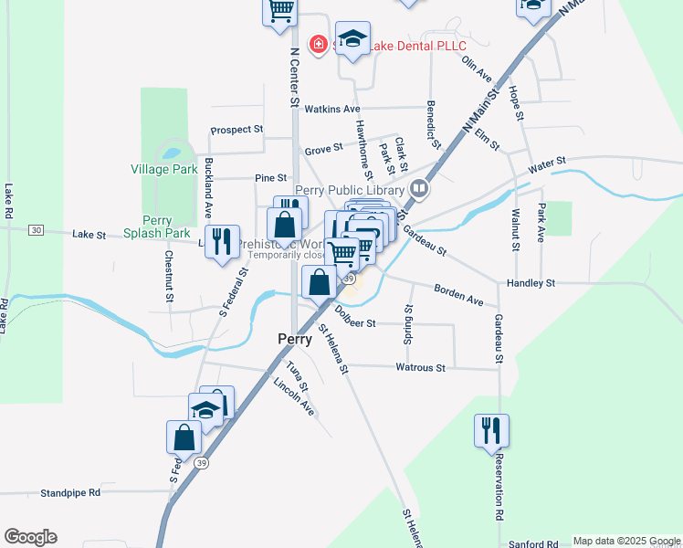 map of restaurants, bars, coffee shops, grocery stores, and more near 12-16 Lake Street in Perry