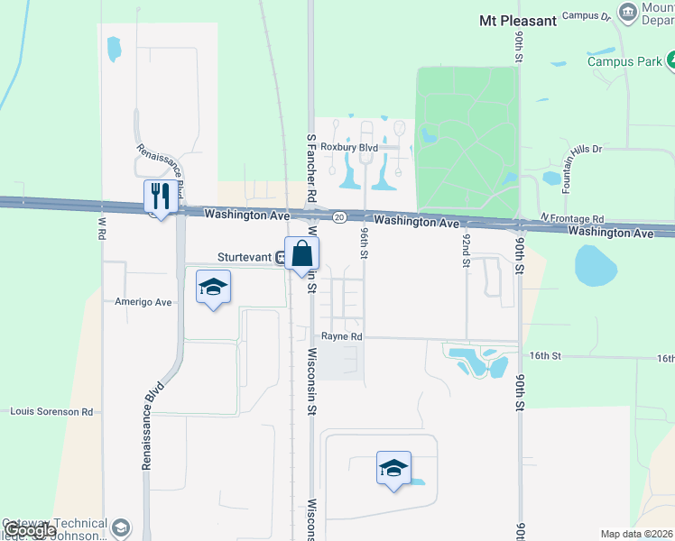 map of restaurants, bars, coffee shops, grocery stores, and more near 1701 Wisconsin Street in Sturtevant