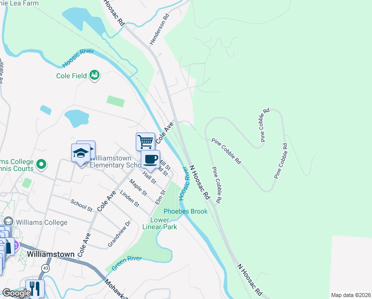 map of restaurants, bars, coffee shops, grocery stores, and more near 586 North Hoosac Road in Williamstown