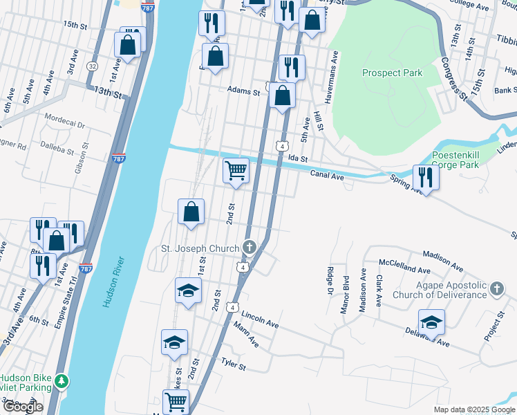 map of restaurants, bars, coffee shops, grocery stores, and more near 253 Madison Street in Troy