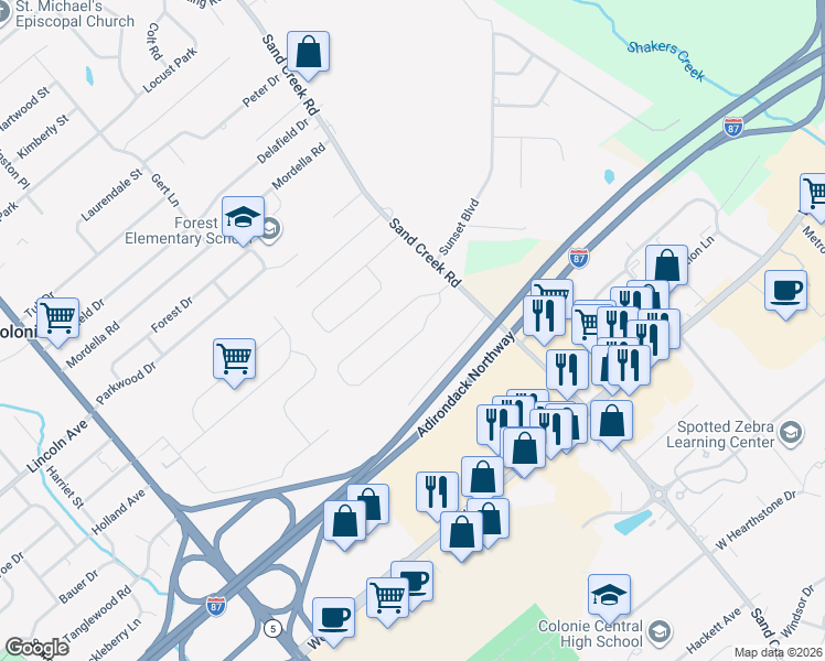 map of restaurants, bars, coffee shops, grocery stores, and more near 4 Jo Ann Court in Colonie