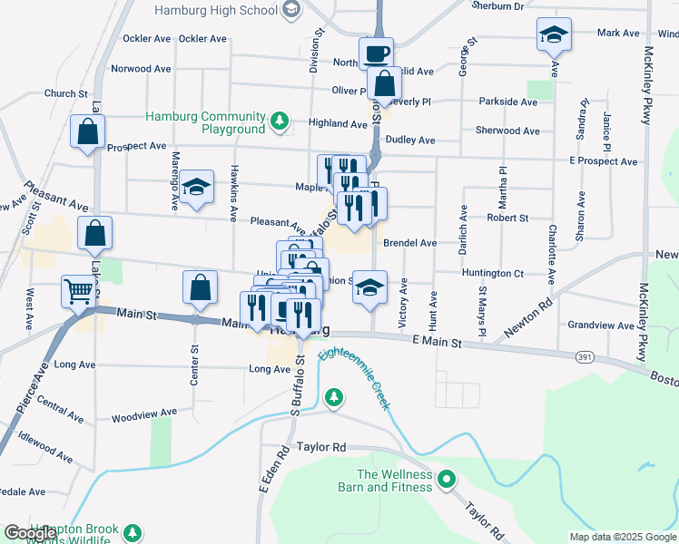 map of restaurants, bars, coffee shops, grocery stores, and more near 32 East Union Street in Hamburg