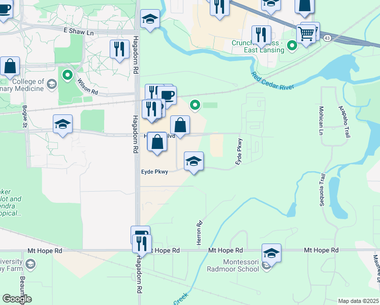 map of restaurants, bars, coffee shops, grocery stores, and more near 2855 Hannah Boulevard in East Lansing