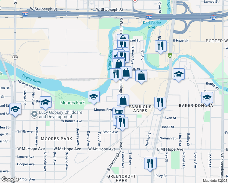 map of restaurants, bars, coffee shops, grocery stores, and more near 124 Island Avenue in Lansing