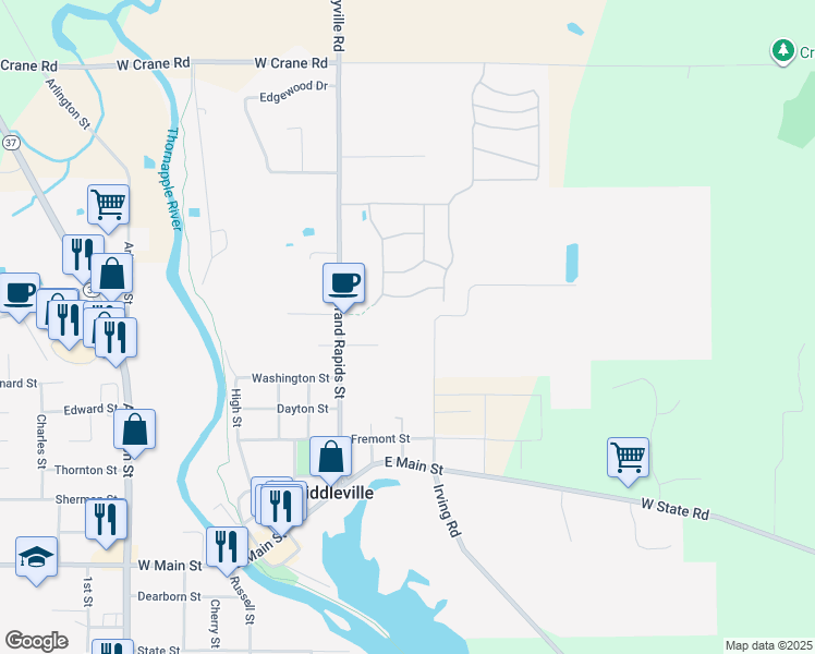map of restaurants, bars, coffee shops, grocery stores, and more near 451 Lincoln Street in Middleville