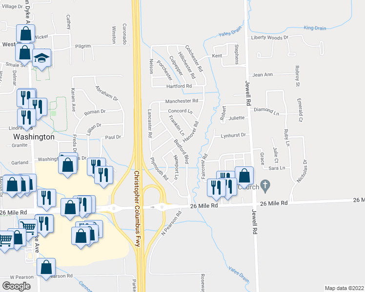 map of restaurants, bars, coffee shops, grocery stores, and more near 57622 Hanover Road in Washington