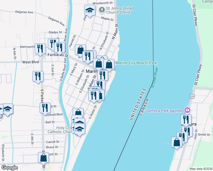 map of restaurants, bars, coffee shops, grocery stores, and more near 124 South Water Street in Marine City
