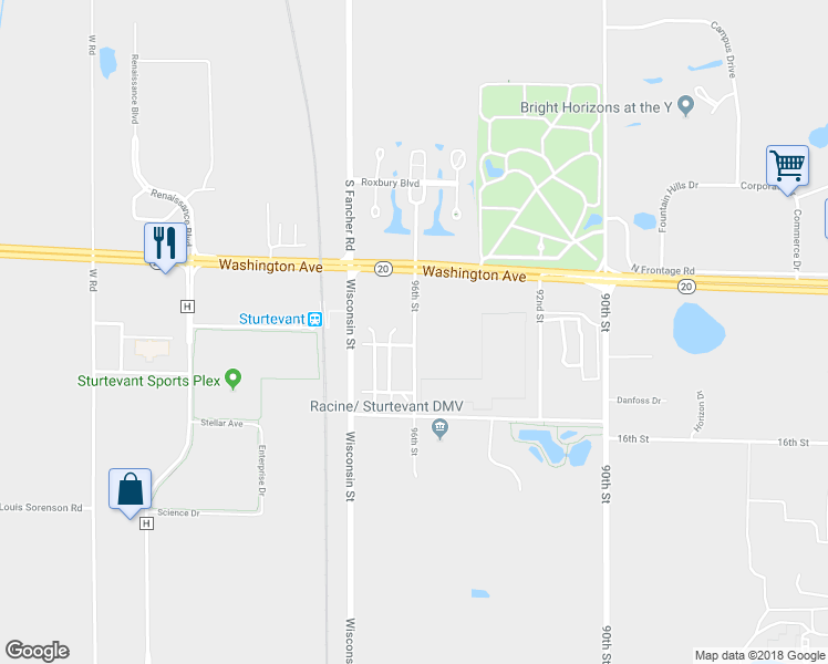 map of restaurants, bars, coffee shops, grocery stores, and more near 1640 96th Street in Sturtevant