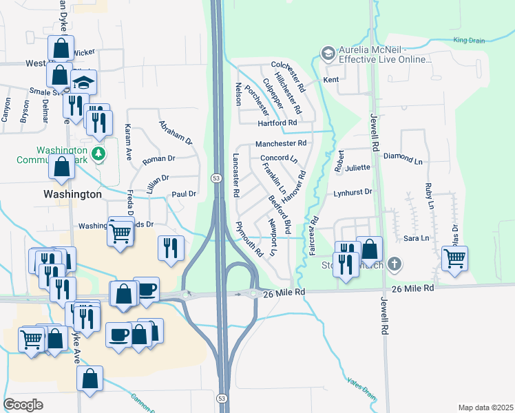 map of restaurants, bars, coffee shops, grocery stores, and more near 57444 Plymouth Road in Washington