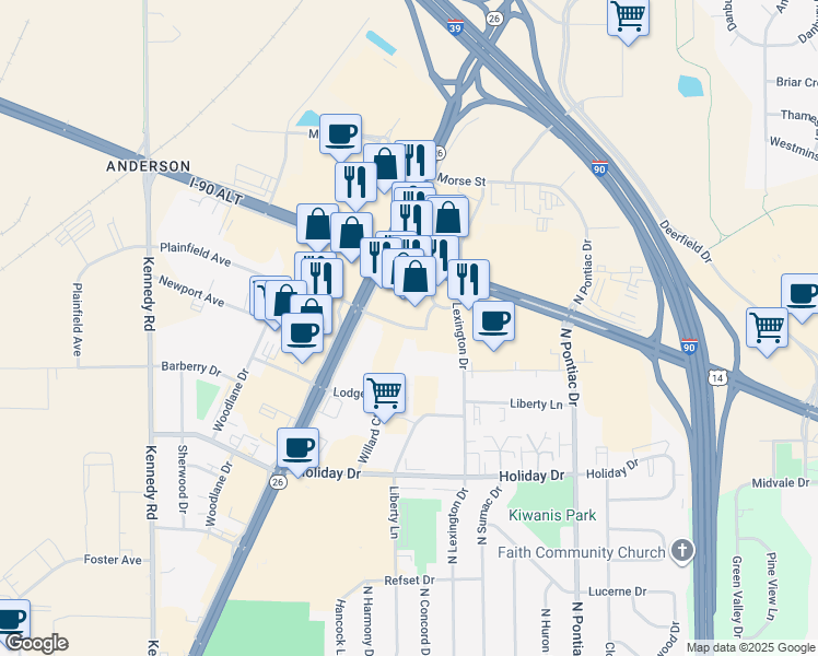 map of restaurants, bars, coffee shops, grocery stores, and more near Woodman Plaza in Janesville