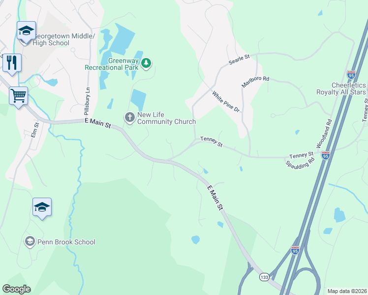 map of restaurants, bars, coffee shops, grocery stores, and more near 12 Tenney Street in Georgetown