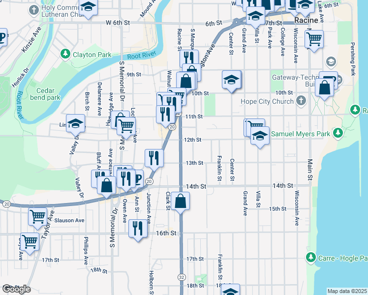 map of restaurants, bars, coffee shops, grocery stores, and more near 1118 12th Street in Racine