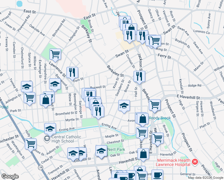 map of restaurants, bars, coffee shops, grocery stores, and more near 90 Knox Street in Lawrence