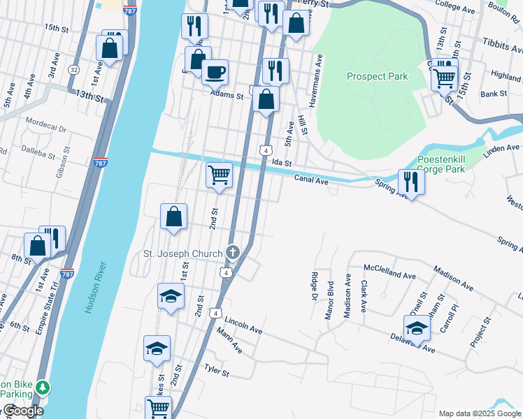map of restaurants, bars, coffee shops, grocery stores, and more near 383 4th Street in Troy