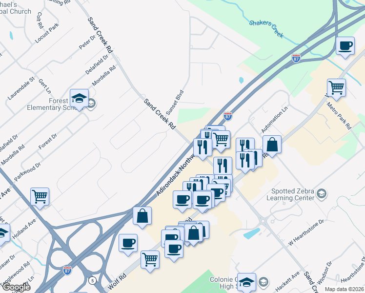 map of restaurants, bars, coffee shops, grocery stores, and more near 487 Sand Creek Road in Colonie