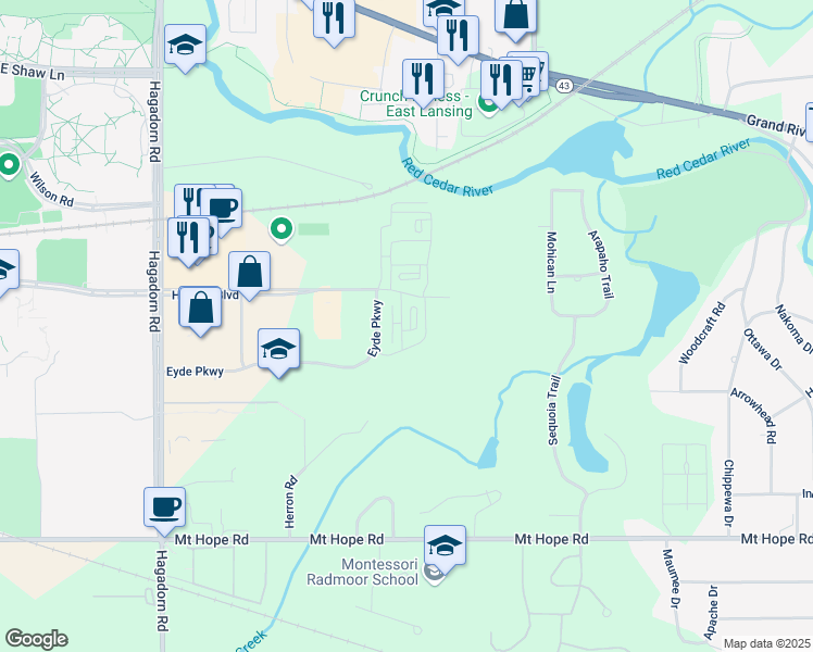 map of restaurants, bars, coffee shops, grocery stores, and more near 2827 Eyde Parkway in East Lansing