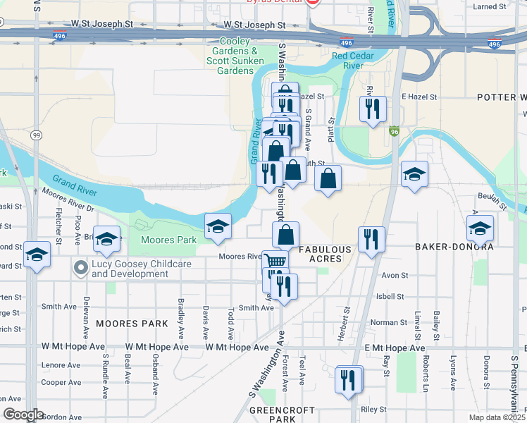 map of restaurants, bars, coffee shops, grocery stores, and more near 124 Island Avenue in Lansing