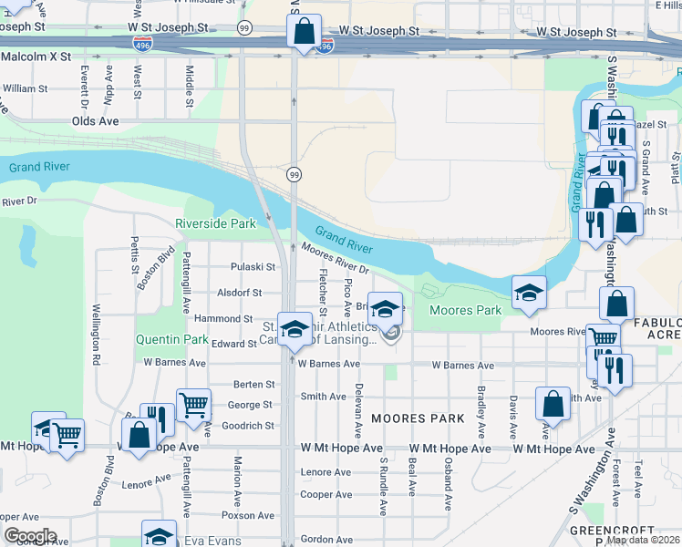 map of restaurants, bars, coffee shops, grocery stores, and more near 917 Moores River Drive in Lansing