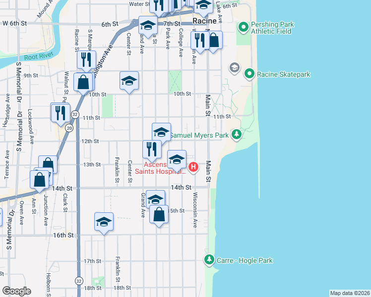 map of restaurants, bars, coffee shops, grocery stores, and more near 1201 College Avenue in Racine