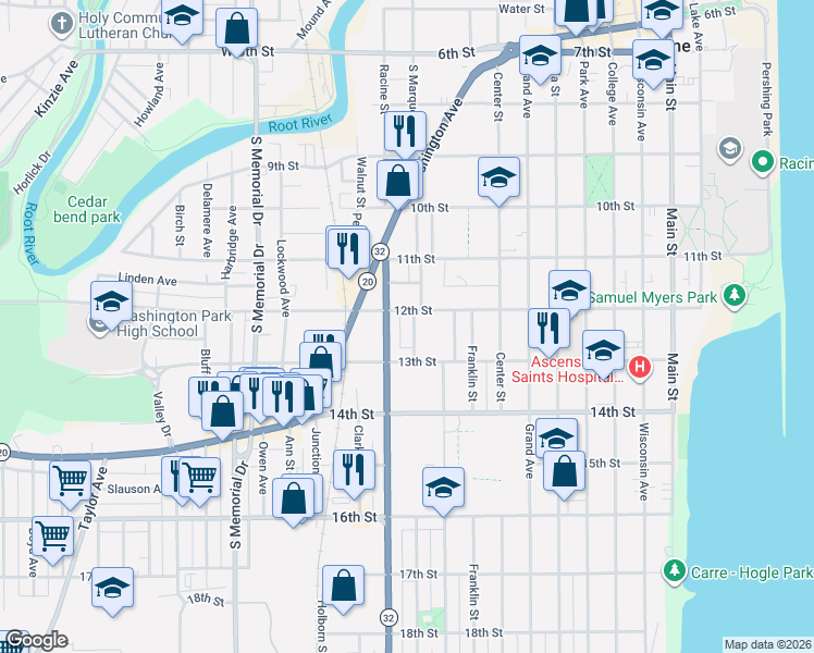 map of restaurants, bars, coffee shops, grocery stores, and more near 1118 12th Street in Racine