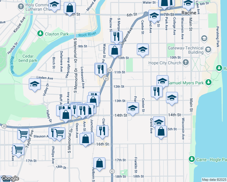 map of restaurants, bars, coffee shops, grocery stores, and more near 1118 12th Street in Racine