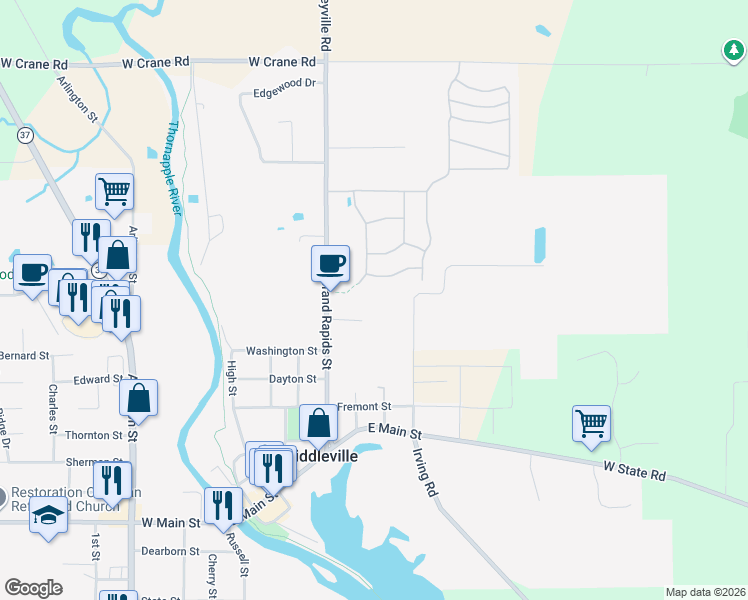 map of restaurants, bars, coffee shops, grocery stores, and more near 451 Lincoln Street in Middleville