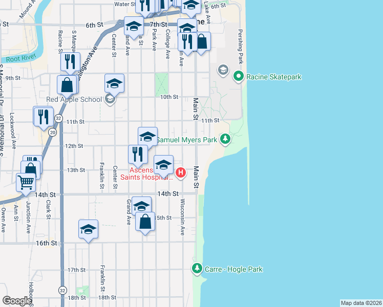 map of restaurants, bars, coffee shops, grocery stores, and more near 1202 Main Street in Racine