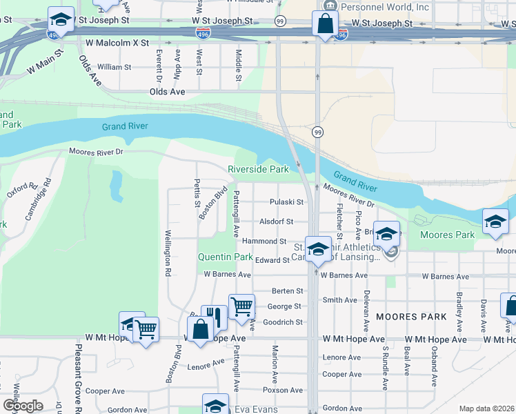 map of restaurants, bars, coffee shops, grocery stores, and more near 1322 Park Avenue in Lansing